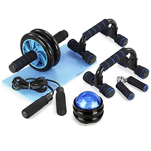 TOMSHOO Kit de ruedas abdominales 6 en 1, barras push-up, cuerda para saltar, refuerzo de mano, estera de rodillas para ejercicios de fitness en casa (negro y azul)